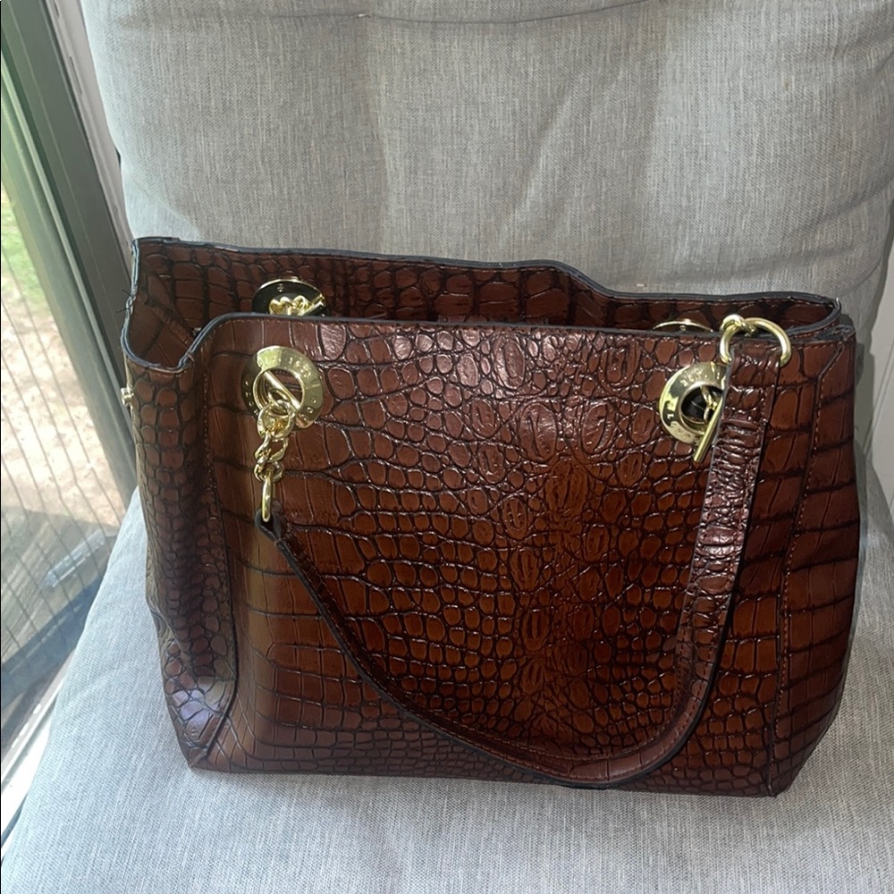 LONDON FOG Elegant Brown Crocodile-Embossed Tote Bag